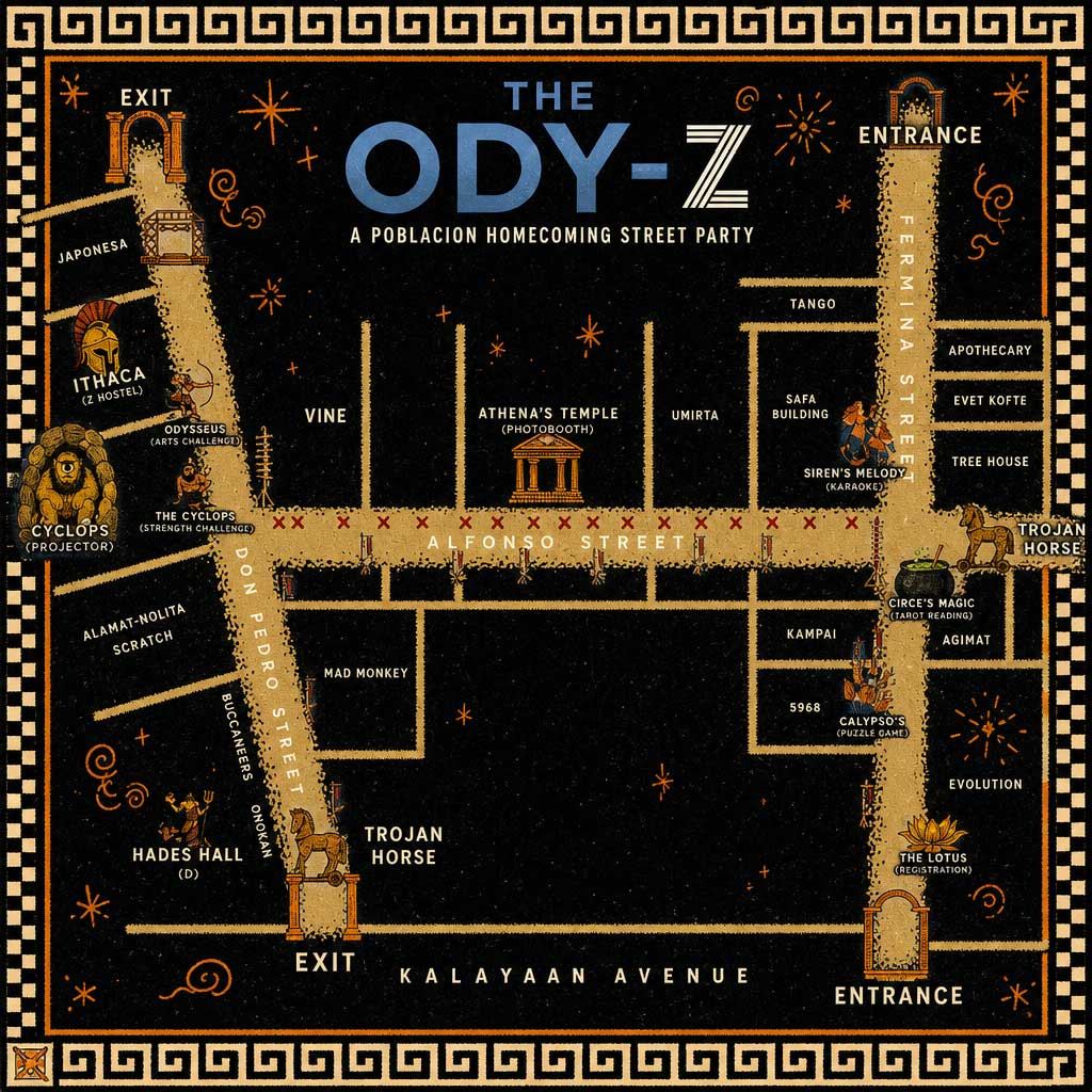 Illustrated map of THE ODY-Z street party across Kalayaan Avenue, Don Pedro Street, Alfonso Street, and Fermina Street, showing entrances, exits, activities, and photo spots